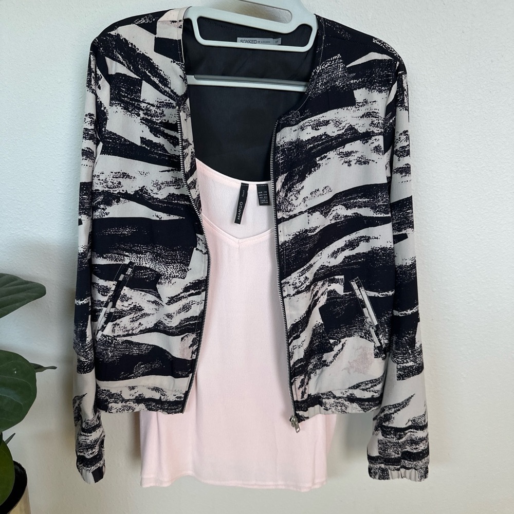 Black and White Patterned Jacket with Pink Top